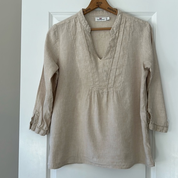 Vineyard Vines Oatmeal Linen Cotton Peasant Blouse V-Neck, 3/4 Sleeves, Pleats L - Picture 1 of 10